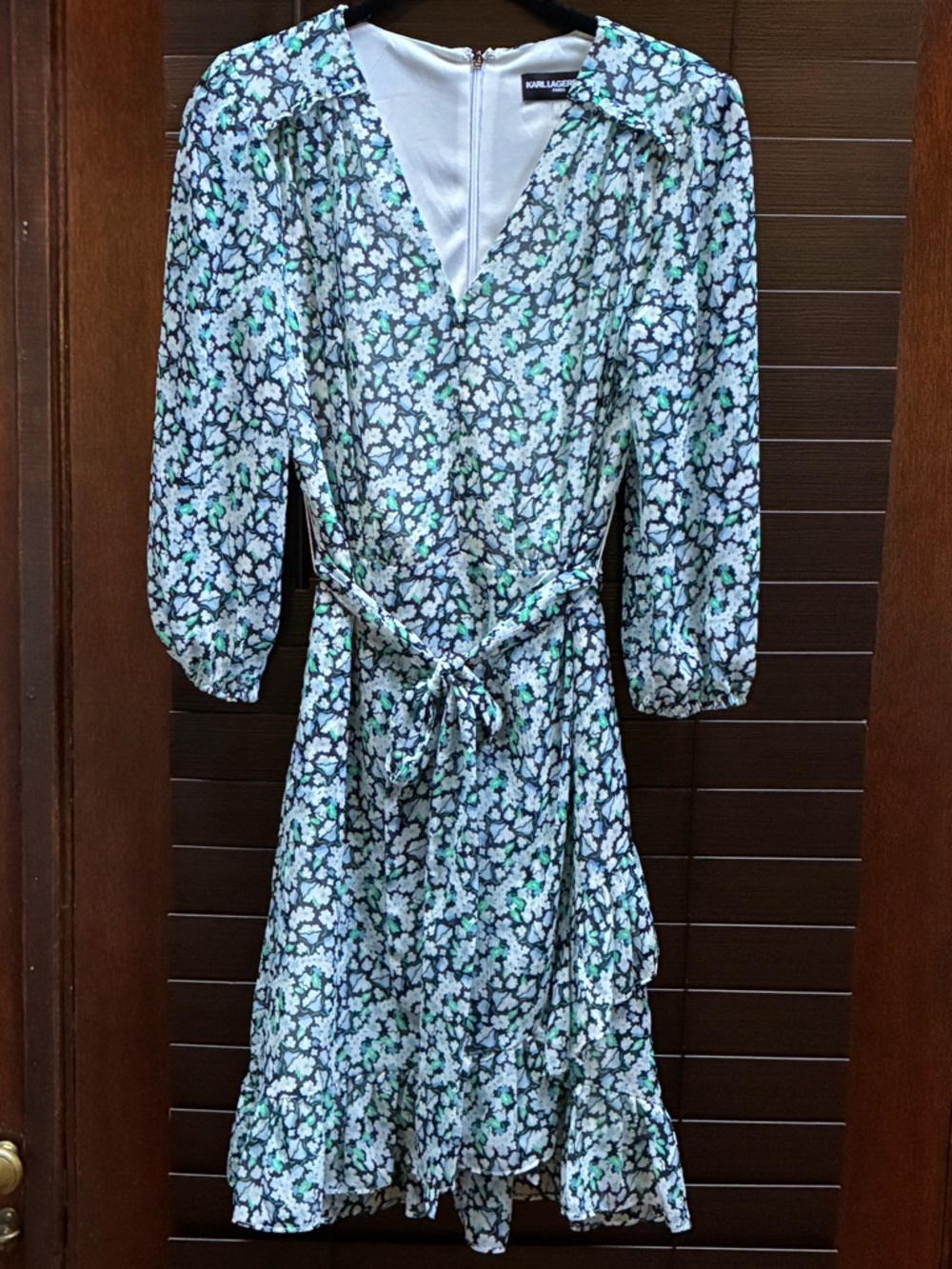 Karl Lagerfeld Paris Floral Midi Dress Size 2 Teal Blue White V-Neck Tie Waist